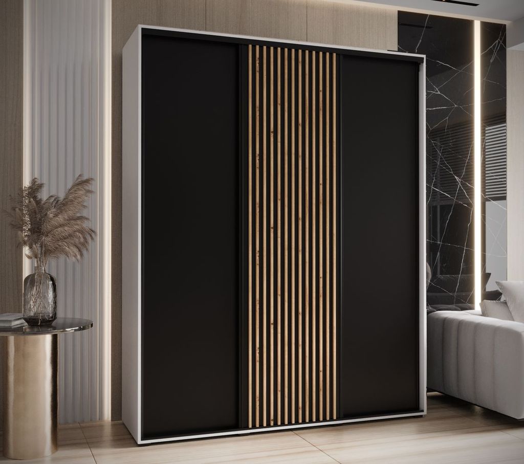 Kleiderschrank BAYLIN 1 – 190/60 cm, weiß/schwarz/Eiche handwerklich gefertigt