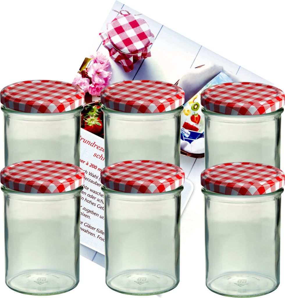 6er Set Sturzglas 435 ml Marmeladenglas Einmachglas Einweckglas To 82 rot karierter Deckel incl. Diamant-Zucker Gelierzauber Rezeptheft