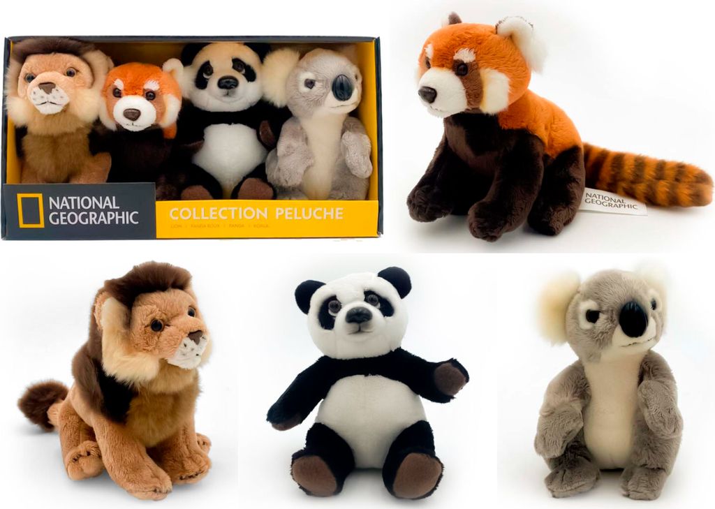 4er Set National Geographic Plüschtier 18 cm Löwe Panda Koala Roter Panda Kuscheltier