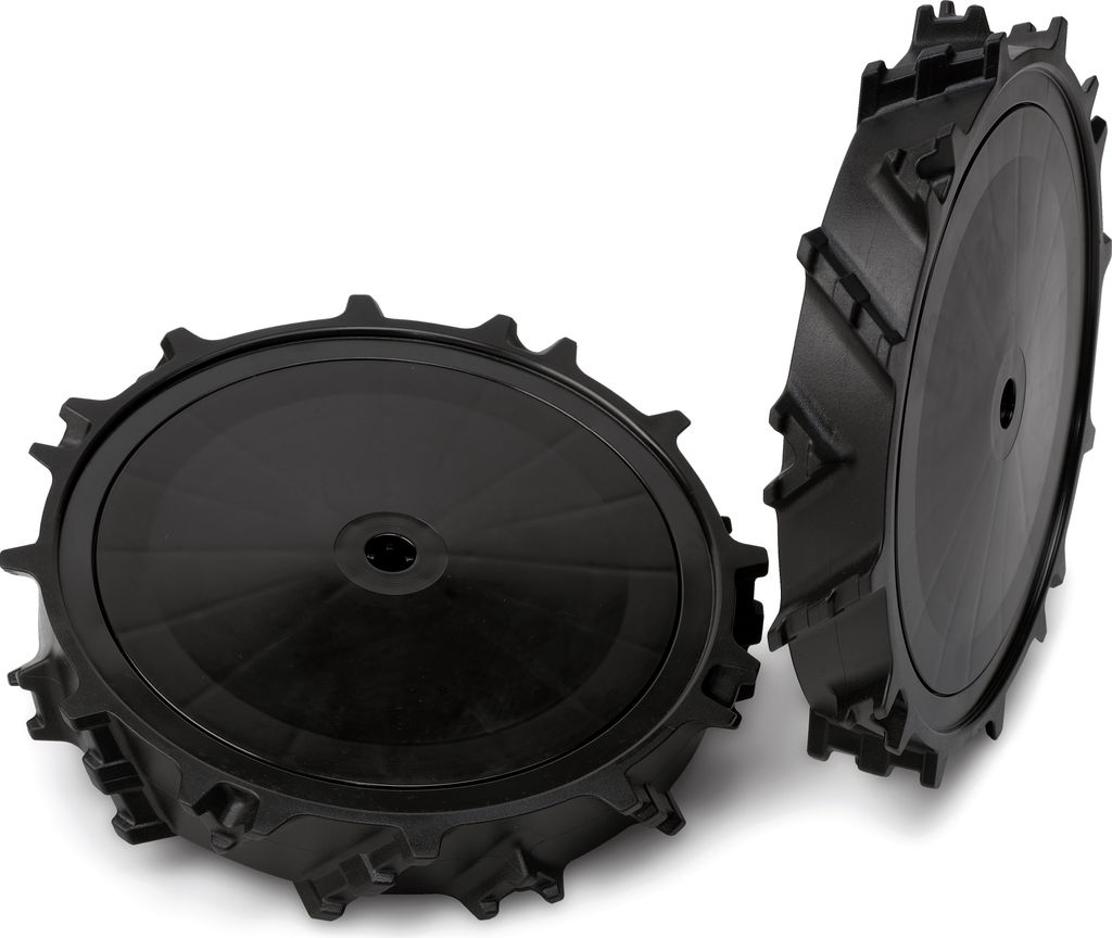 Two black plastic wheels with a tread pattern are shown against a white background.