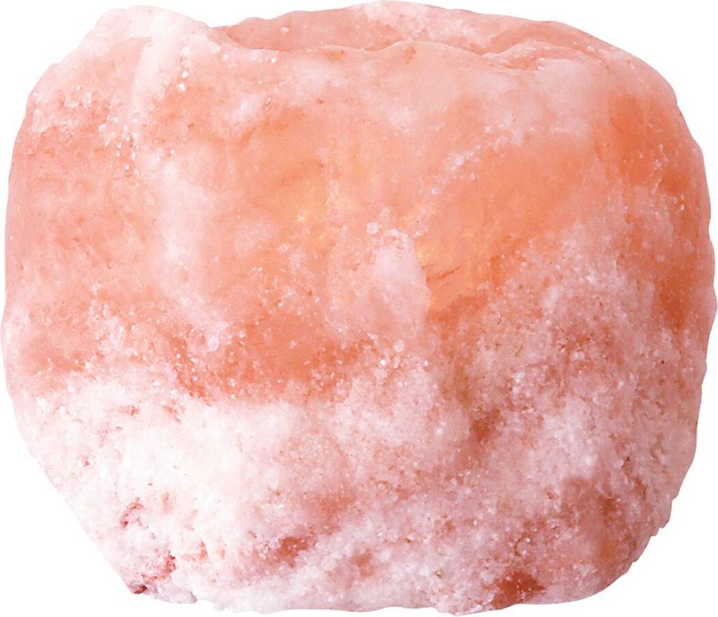 A close-up of a pinkish-orange rock salt lamp.