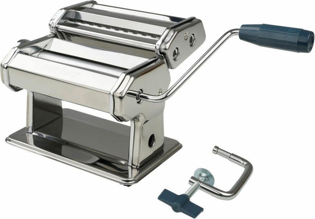 A stainless steel pasta maker with a blue handle and a separate clamp is shown against a white background.