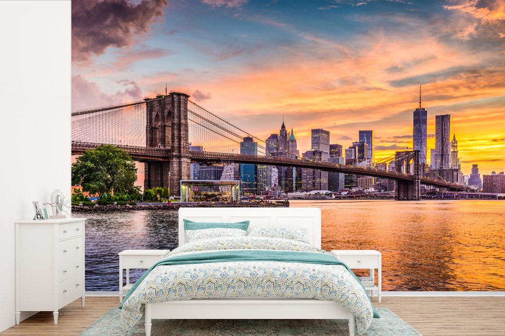 MuchoWow Fototapete für Wohnzimmer oder Schlafzimmer Wandtapete Vinyl Motivtapete New York - Brooklyn Bridge - Wolken - 420x280 cm - Zimmer für...
