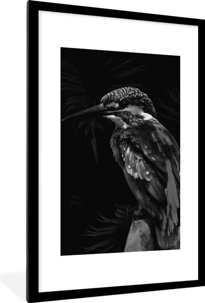 MuchoWow Gerahmtes Poster Vogel auf einem Zweig vor einem schwarzen Hintergrund - schwarz und weiß 60x90 cm - Poster mit Schwarzem Bilderrahmen ...