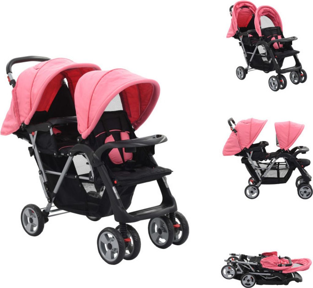 vidaXL Tandem-Kinderwagen Stahl Rosa und Schwarz - Kinderwagen