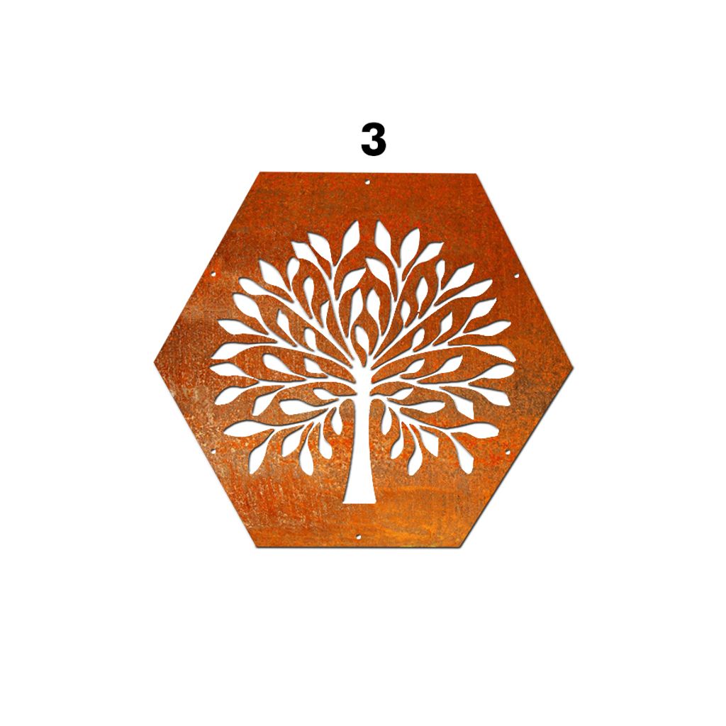 Kaminholzregal Brennholzregal HEXAGON Metall Feuerholzregal CortenStahl Dekorplatte nr. 3