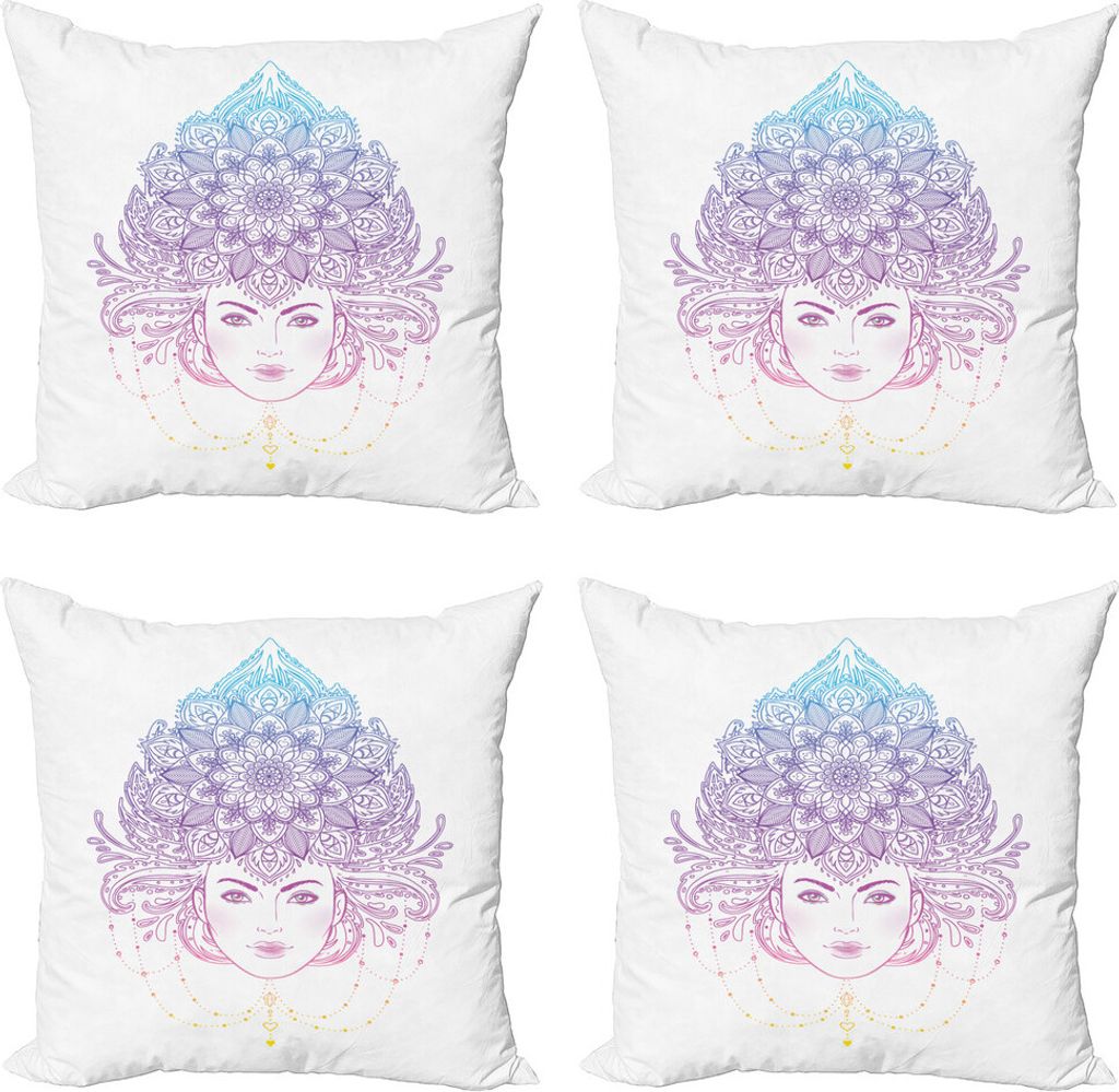 ABAKUHAUS Diva Kissenbezug Set (4 Stück), Tribal Boho Diva Blumen, Moderner Doppelseitiger Digitaldruck, 60 cm x 60 cm, Fuchsia und Blau