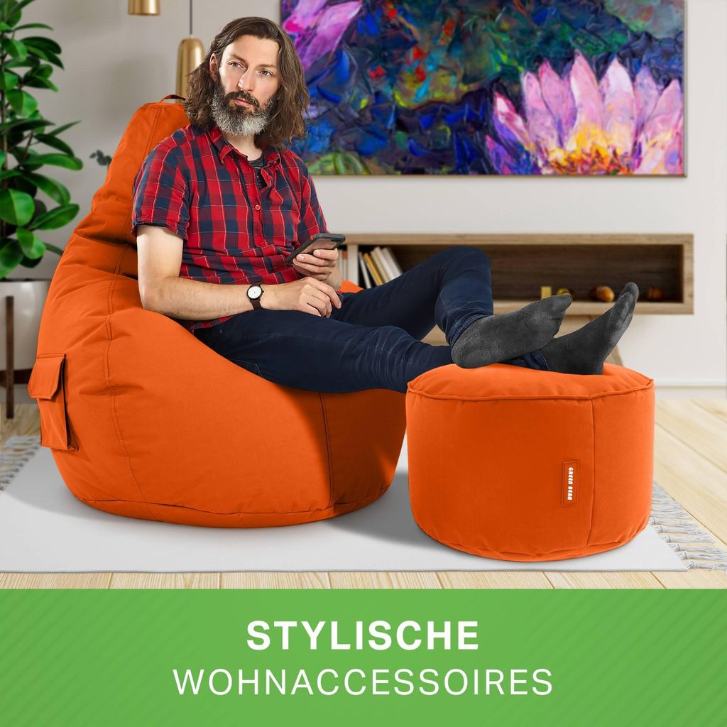 Green Bean Sitzsack mit Rückenlehne + Hocker "Cozy+Stay" 80x70x90cm - Gaming Chair mit 230L EPS Perlen Füllung - Orange