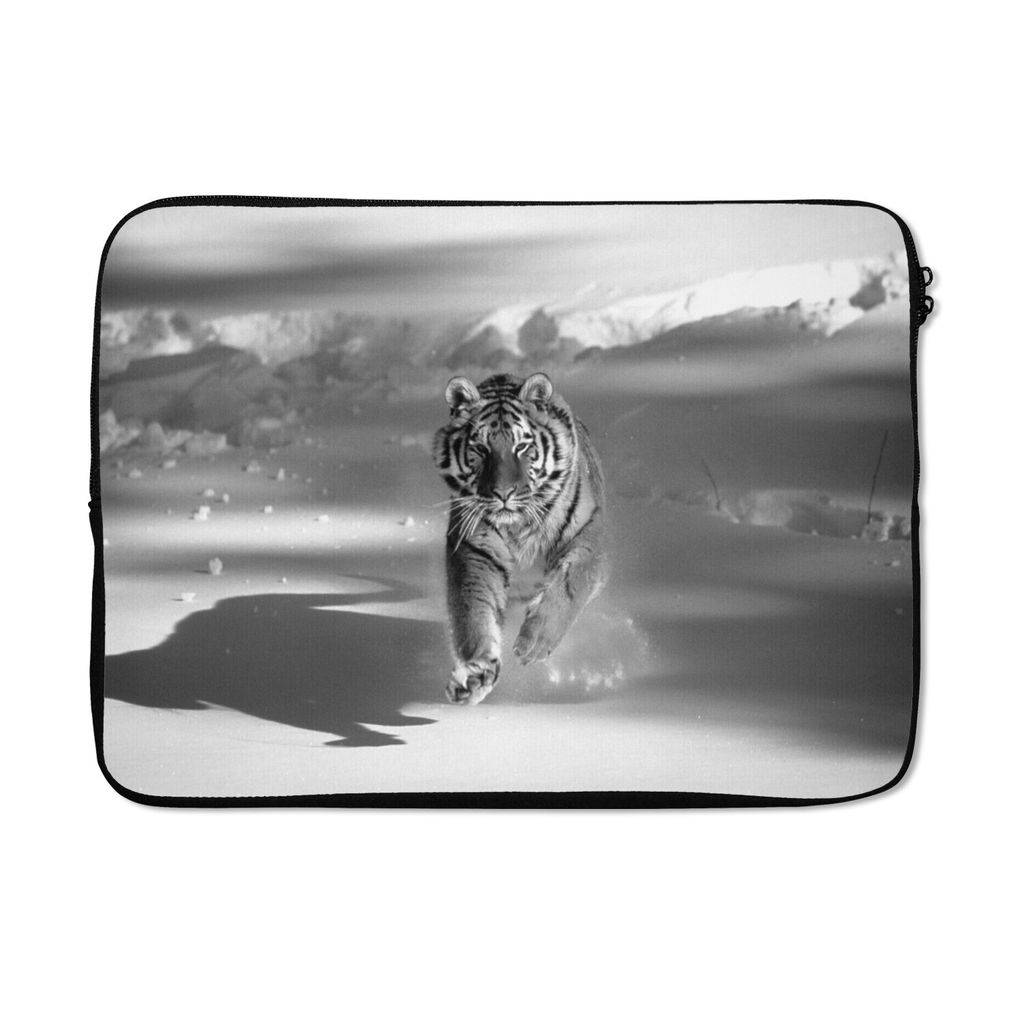 MuchoWow Laptop Hülle 13 Zoll Tiger - Jagd - Schnee - Schwarz - Weiß Laptoptasche - Laptophülle - Sleeve - Rundumschutz