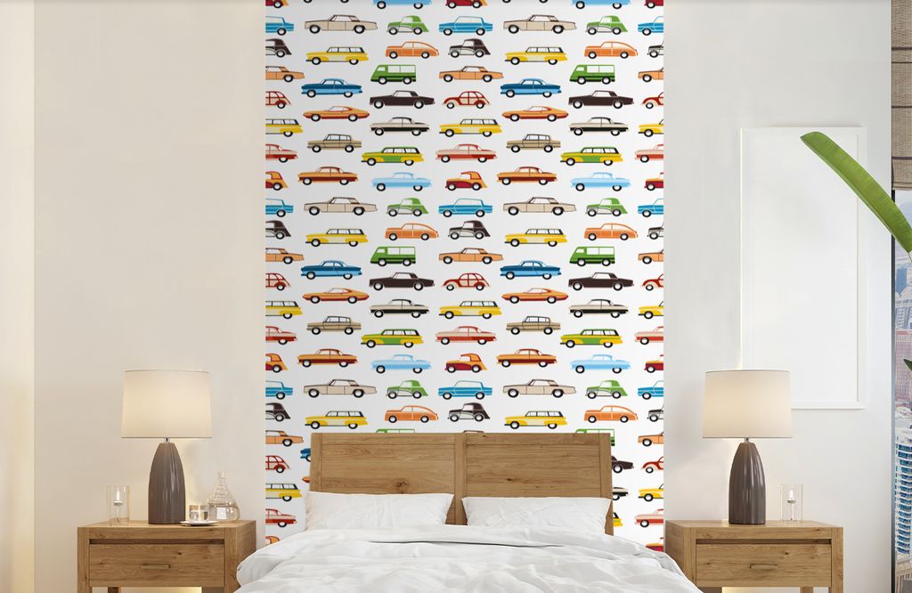 MuchoWow Fototapete für Wohnzimmer oder Schlafzimmer Wandtapete Vinyl Motivtapete Muster - Auto - Retro - Jungen - Kinder - Kind - 150x240 cm - ...