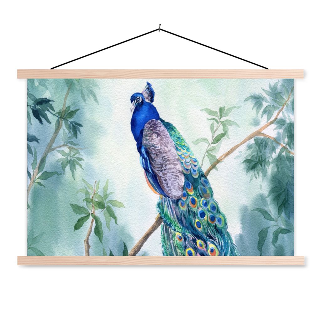 MuchoWow Textilposter Pfau - Pfauenfedern - Grün - Tiere 120x80 cm mit holzfarbenen Rahmen - Aufhängeset