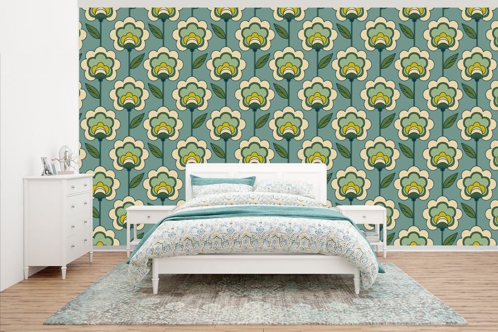 MuchoWow Fototapete für Wohnzimmer oder Schlafzimmer Wandtapete Vinyl Motivtapete Retro - Design - 1970er Jahre - Blume - 395x220 cm - Tapezier ...