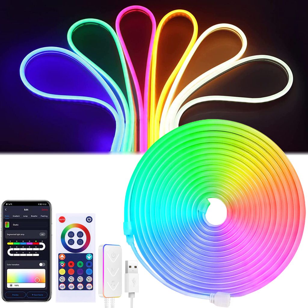 Neon LED Strip RGBIC Dimmbar Silikon 3M, Led Streifen IP65 Wasserdicht Timer, Led Lichtband Fernbedienung APP-Steuerung Musik Sync. Deko Innen Außen