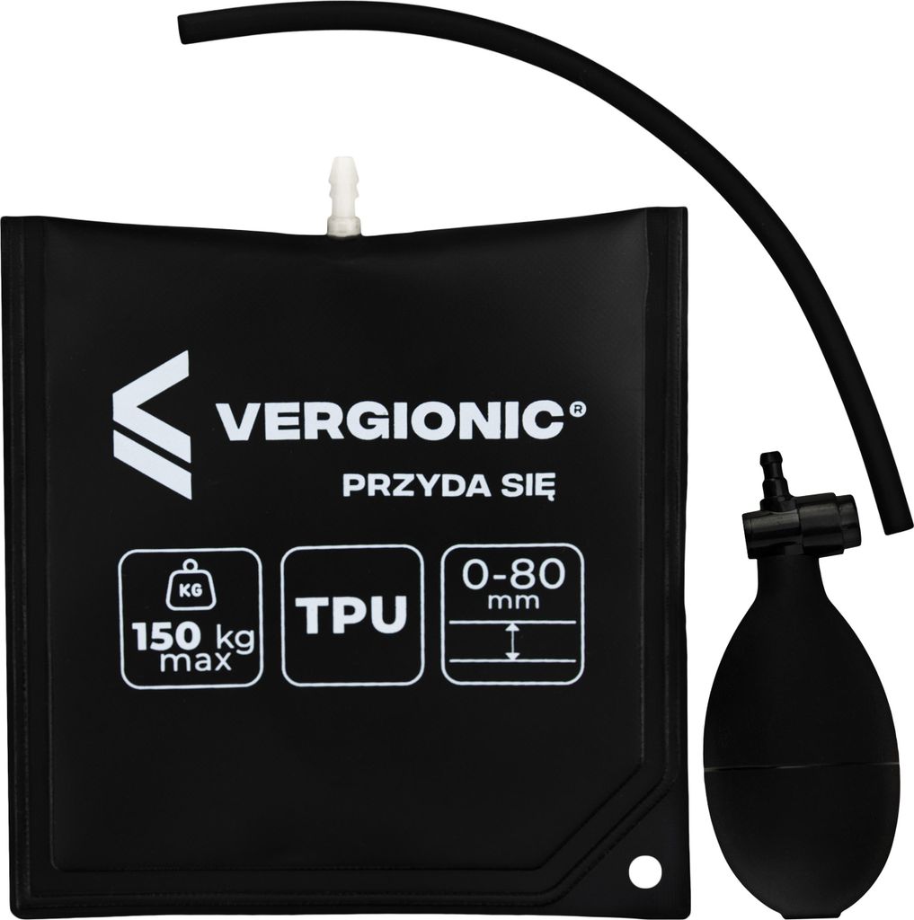 A black pneumatic lifting wedge with a hose and hand pump.