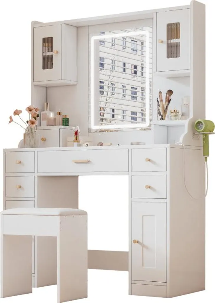 Grande coiffeuse avec éclairage LED réglable et prises, blanche - Modèle XL - 7