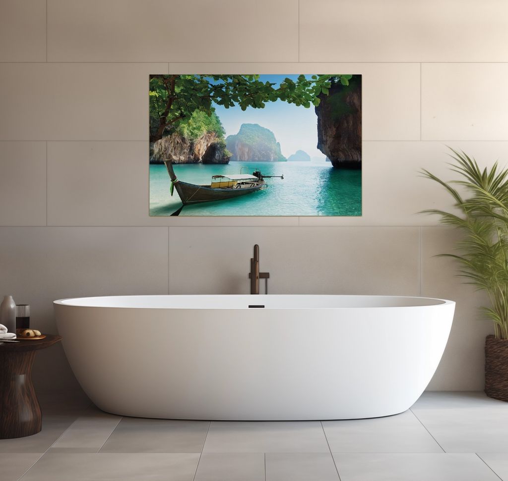 Wallario wasserfestes Poster selbstklebend 91,50 x 61 cm, Fischerboot in Thailand blaues Meer und Steinfelsen, Badezimmerposter Spritzschutz mit H...