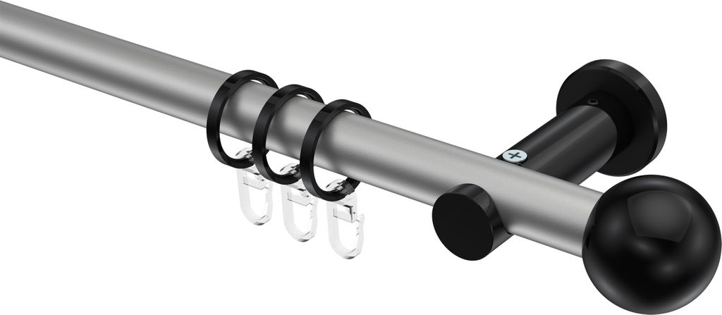 Interdeco Gardinenstange / Vorhangstange Silbergrau / Schwarz, Typ Platon Luino (Kugel), 20 mm Ø 1-läufig, 400 cm