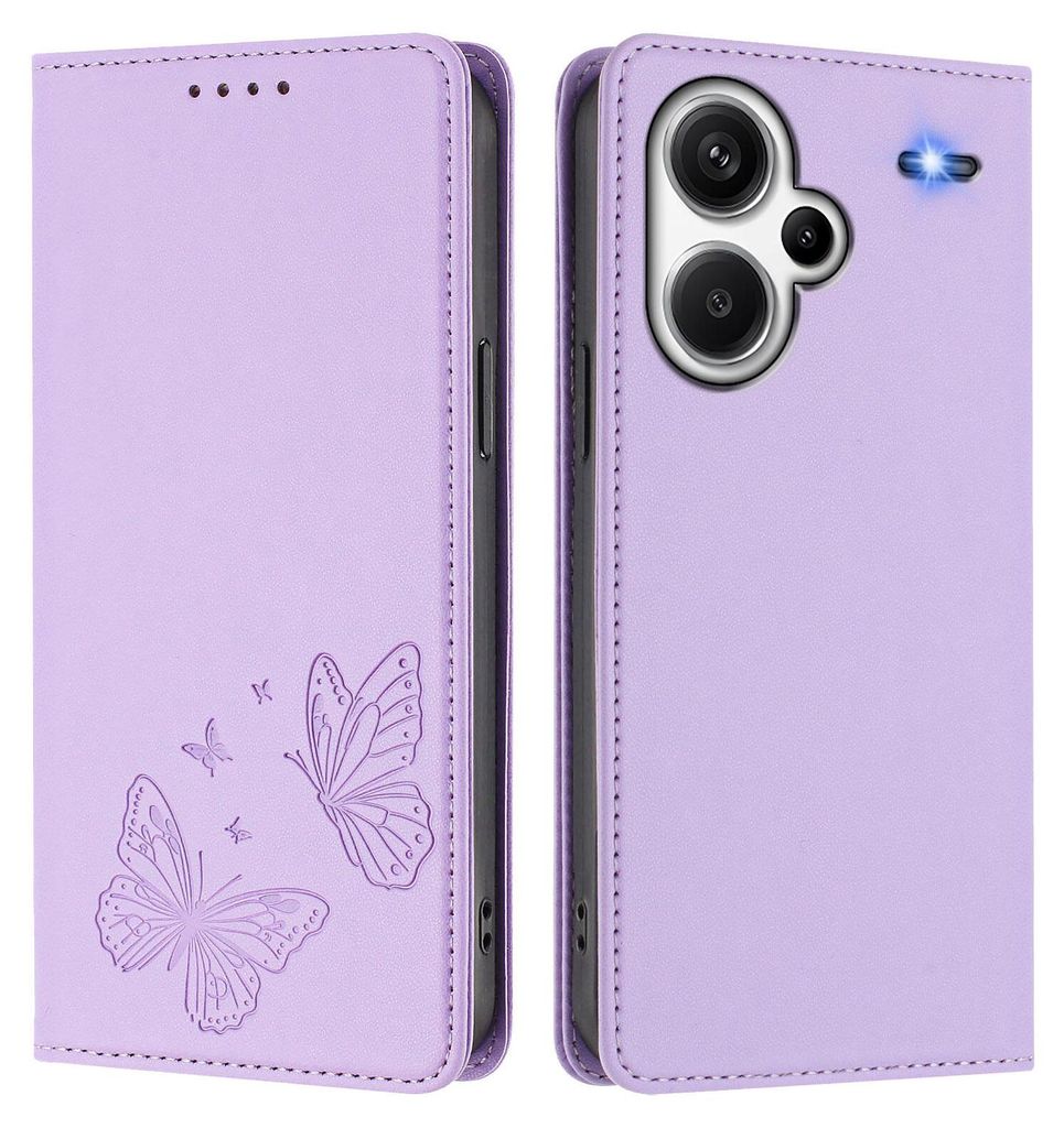 Lederhülle für Xiaomi Redmi Note 13 Pro+, Schmetterling Prägung Leder Brieftasche Schutzhülle mit Ständer Violett