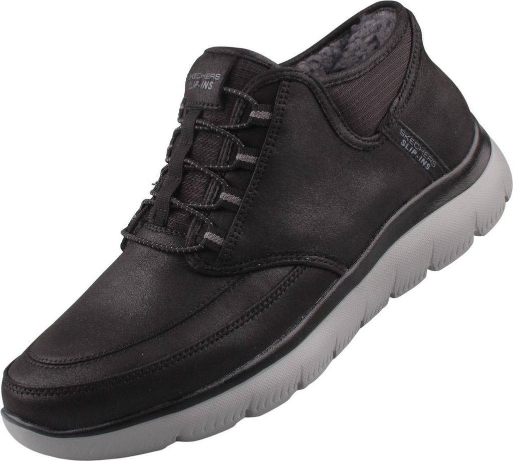 A single black Skechers sneaker boot is shown against a white background.