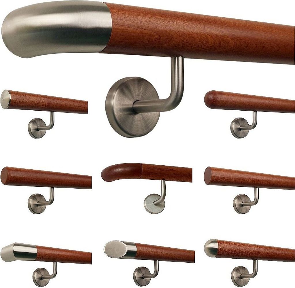 TIBU Mahagoni Holz Handlauf Geländer 0,3m - 5m, Länge 340 cm, Ende Edelstahlbogen und 5 gewinkelte Halter