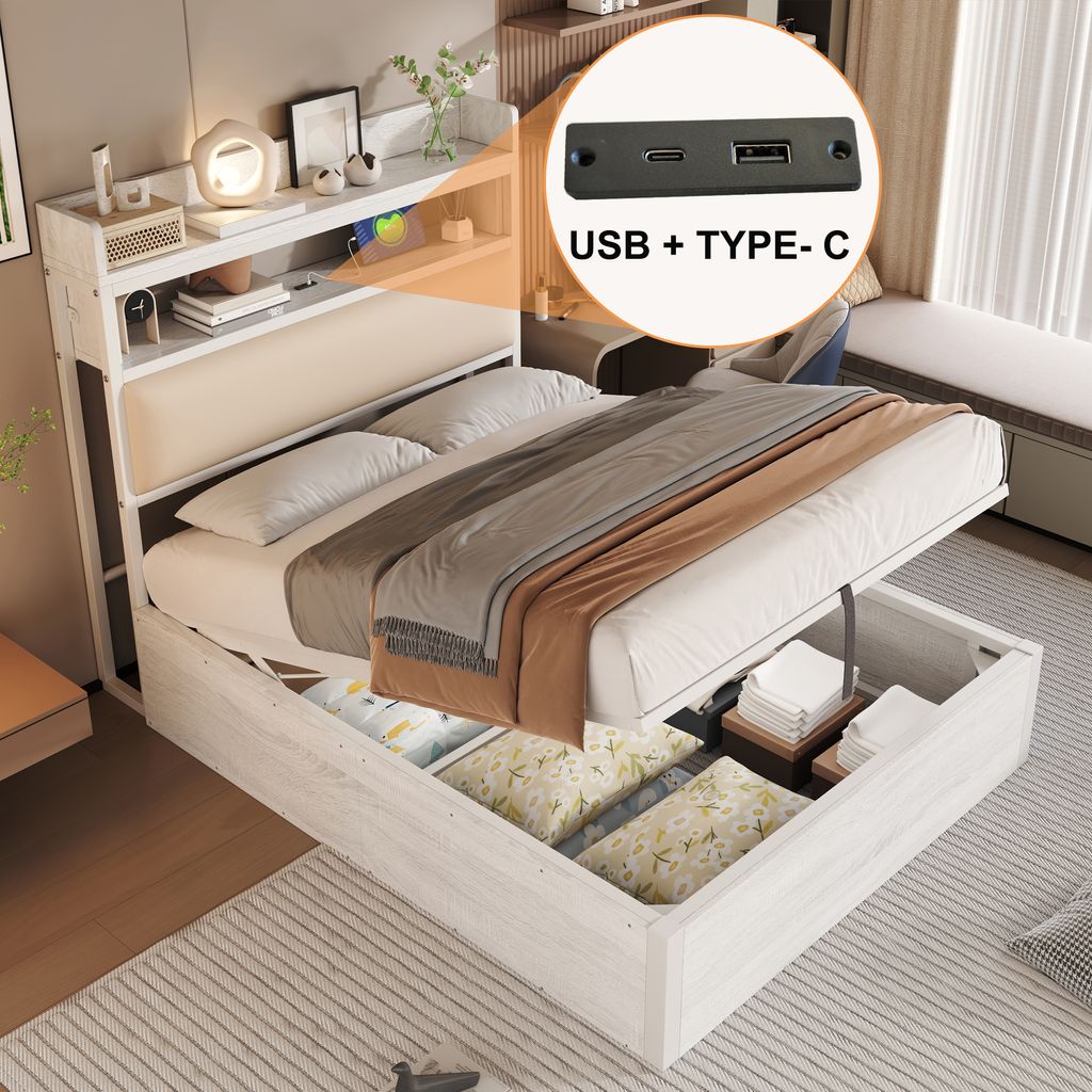 A bed with storage underneath, featuring a headboard with shelves and USB ports.