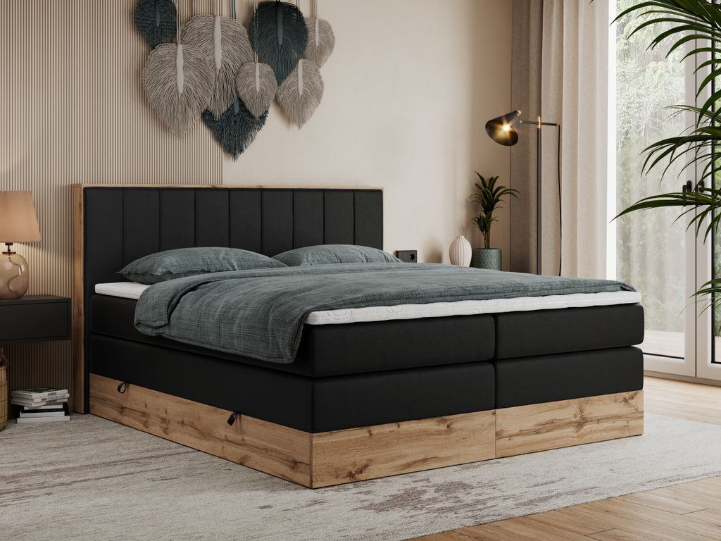 MKS MEBLE King Boxspringbett 180x200 mit Bettkasten Eiche, Polsterbett 180x200 mit Matratze H3, Bett 180x200 mit Rahmen in Wotan Eiche und Kopfteil...