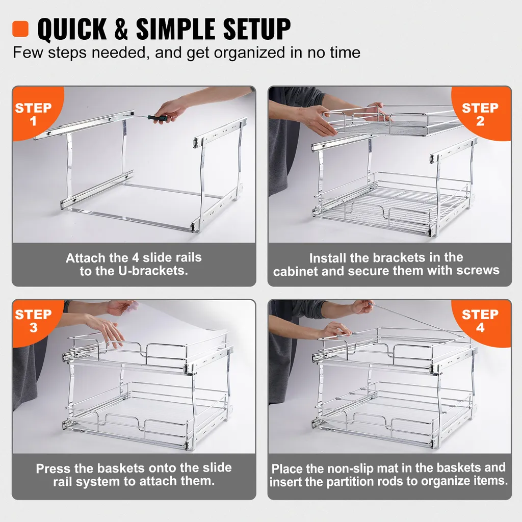VEVOR Scaffale estraibile per lavello Scaffale portaspezie per mobile da cucina Doppio cestino, 452 x 516 x 80 mm + 474 x 533 x 80 mm Scaffale per lavello Organizzatore per mobile estraibile Scaffale per mobile base Scaffale per lavello - 5