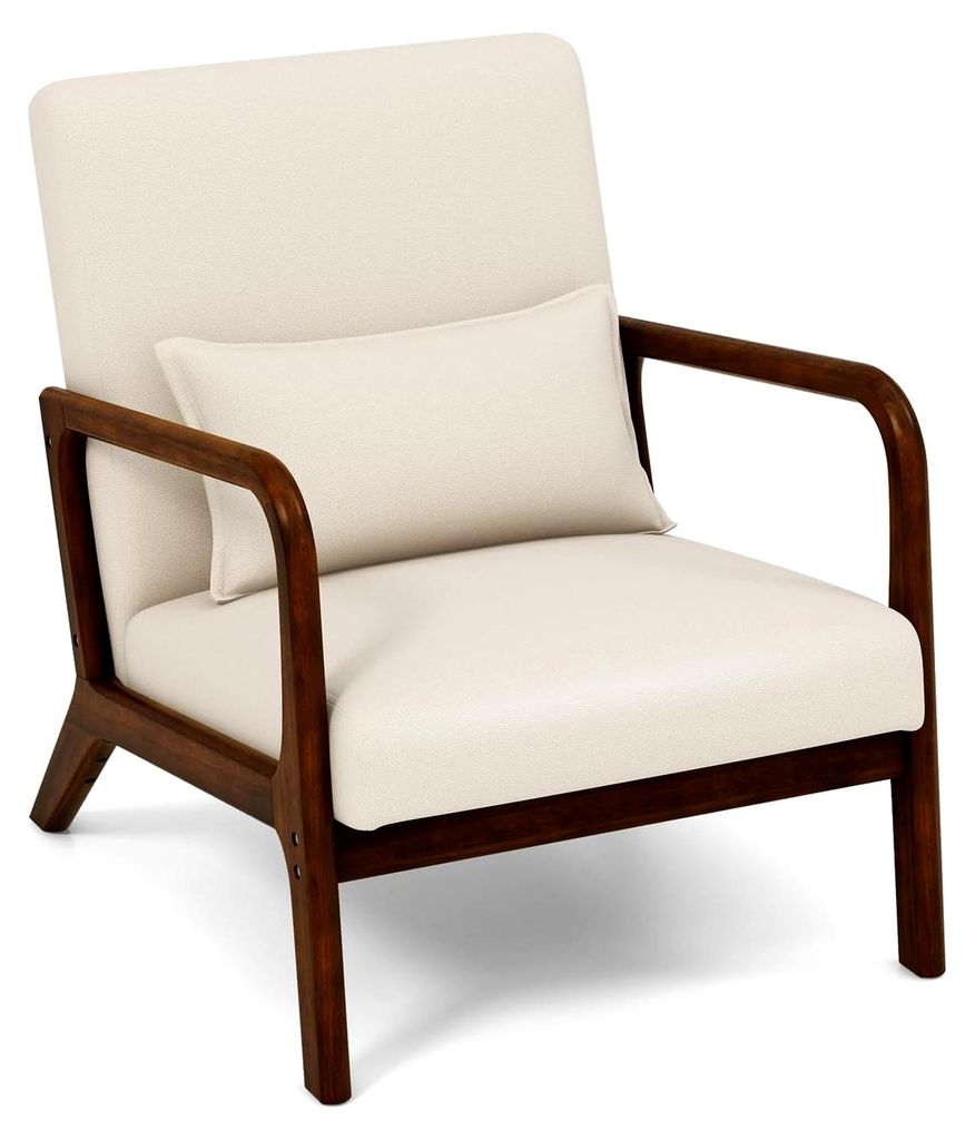 Akzentstuhl im Mid-Century-Stil, gepolsterter Sitz und Rückenlehne, Sessel mit Lendenkissen, Lounge-Stuhl für das Schlafzimmer (Beige)