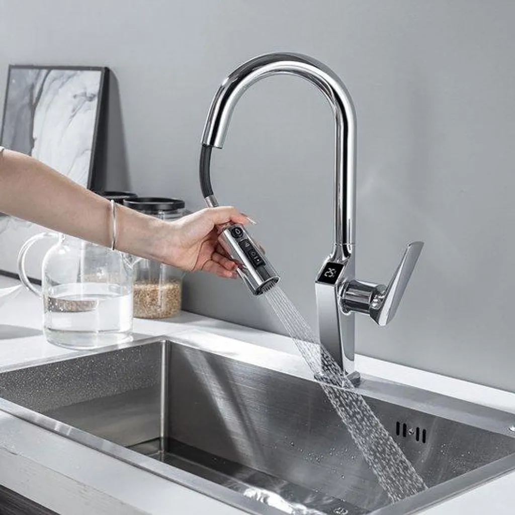 Mitigeur cuisine 3-en-1 pivotant 360° inox avec thermomètre à LED