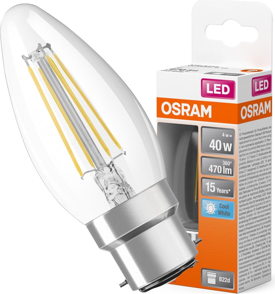 OSRAM LED-Lampe B35 Kerzenform B22d Sockel 4W = 40W 470lm 4000K Neutralweiß 300° Retrofit Filament CLASSIC Kerze