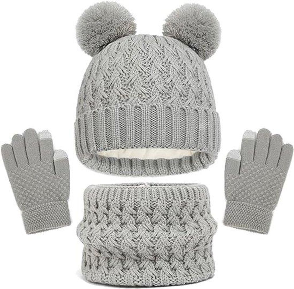 Warme 3-in-1 Winteroutfit für Kinder - Fleece-Decke mit Pompons - Handschuhe und Schal - für Kinder von 2-8 Jahren - Grau