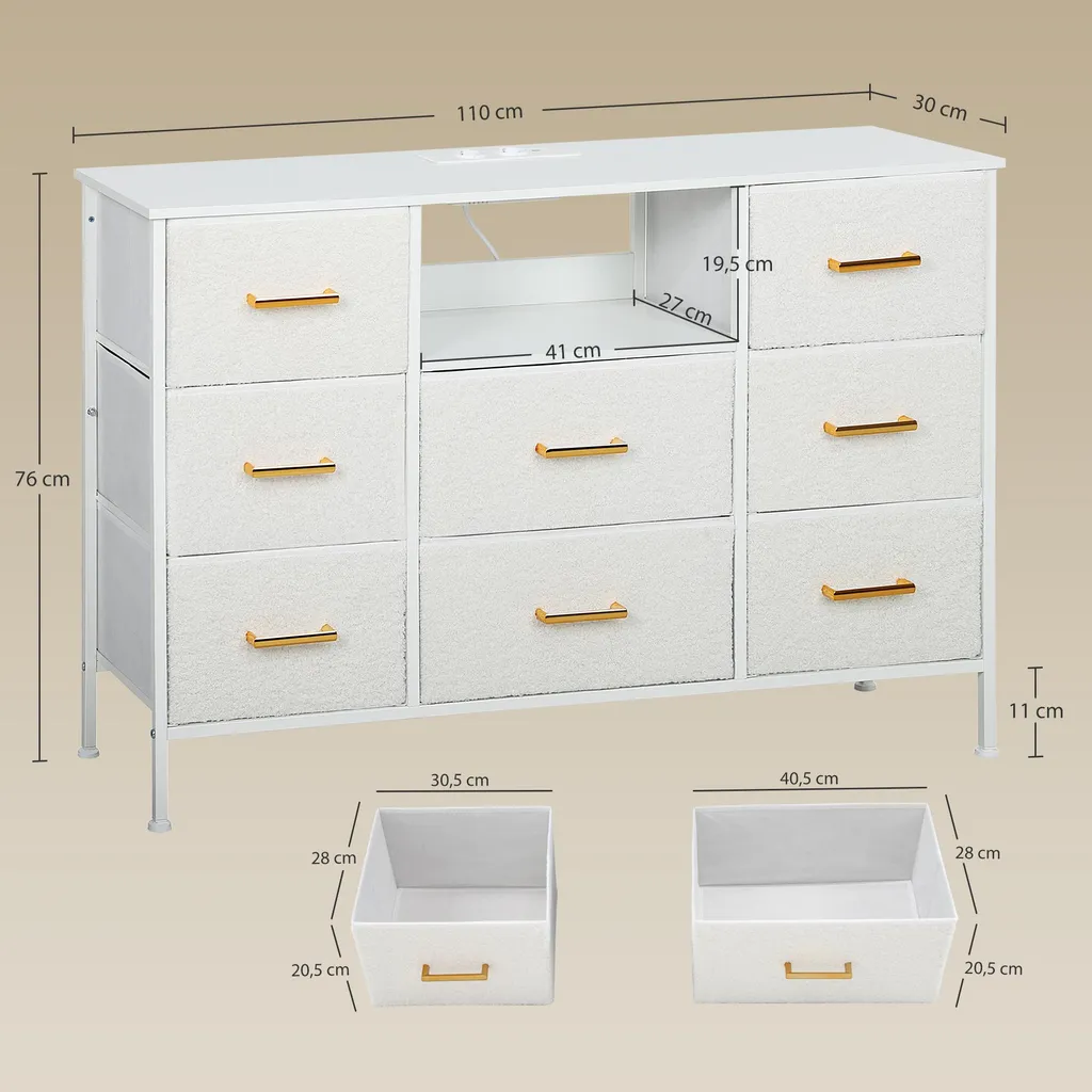 Commode de Rangement en Bouclette avec Prises USB et Type-C Intégrées