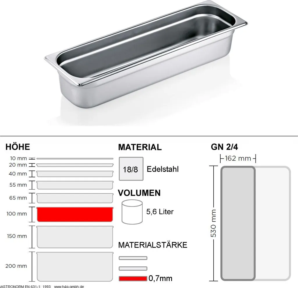 Gastronorm GN 2/4 in Acciaio Inox 100mm | Vaschetta GN90 Professionale