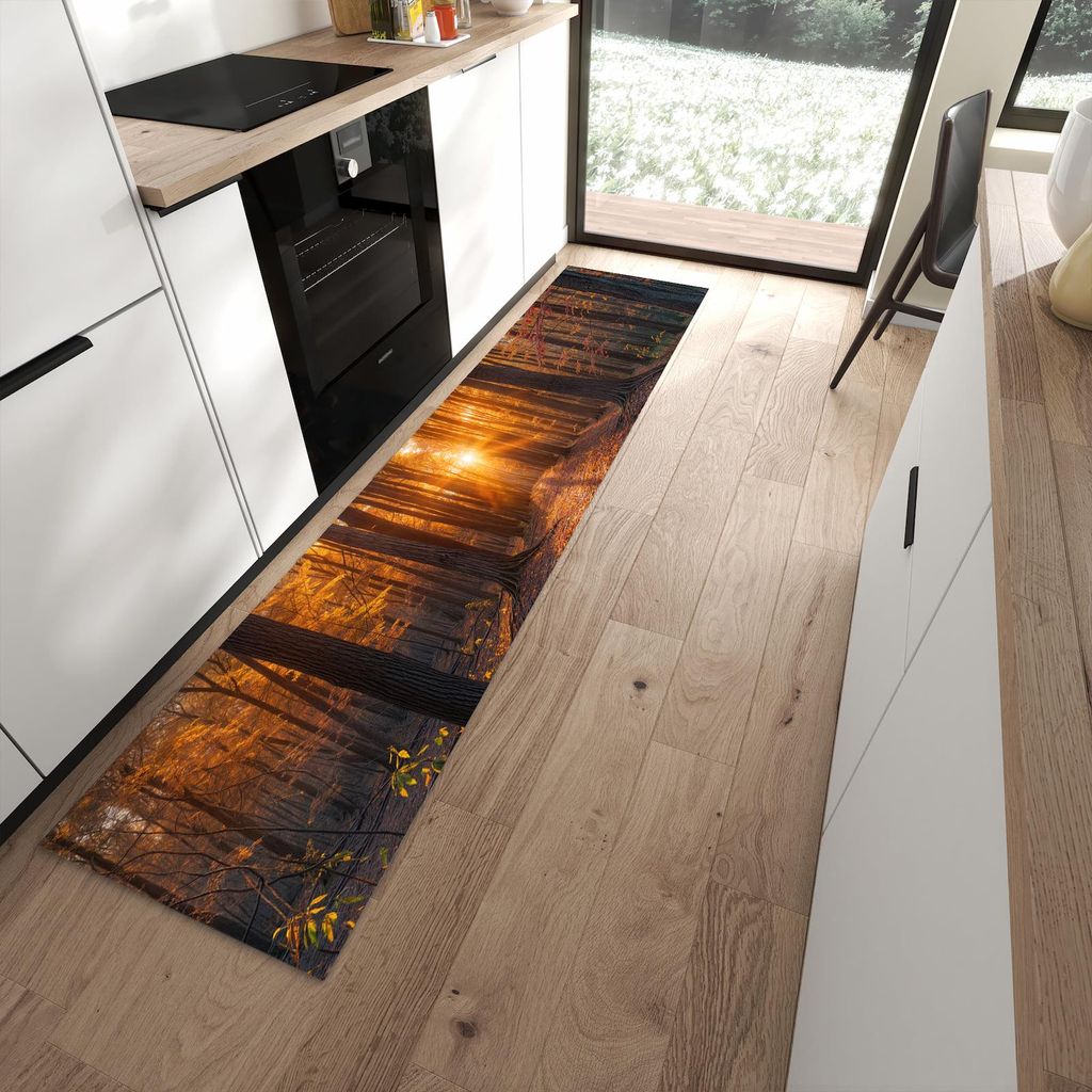 Küchenteppich 60x270cm rutschfest & abwischbar PVC Läufer - Sonnenuntergang Wald