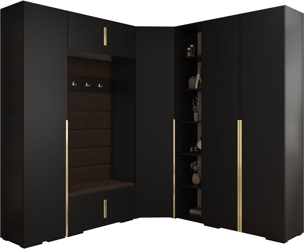 MEBLE KRYSPOL Inova 1 Möbelset Garderobe, 236,7x371,7x47cm - Schwarz, Manila 04, Gold
