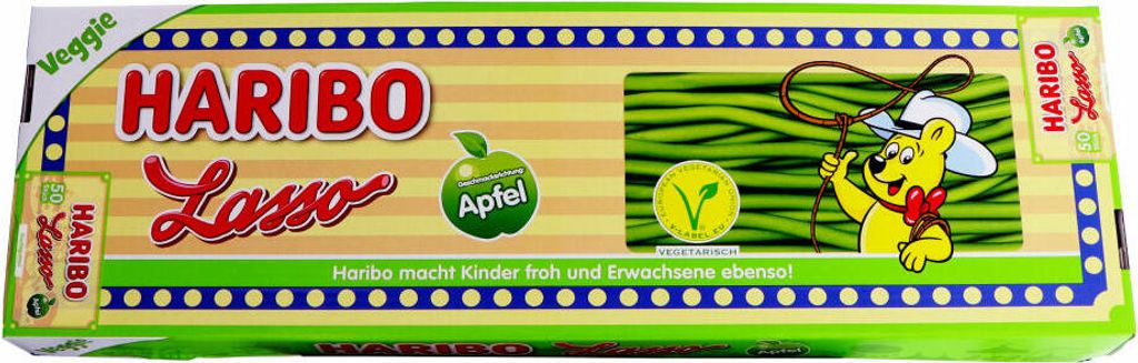 A box of Haribo Lasso apple-flavored gummy candies.