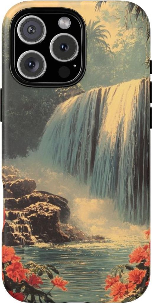 Tropischer Wasserfall mit roten Blüten – Hülle Kompatibel mit iPhone 16 Pro Max