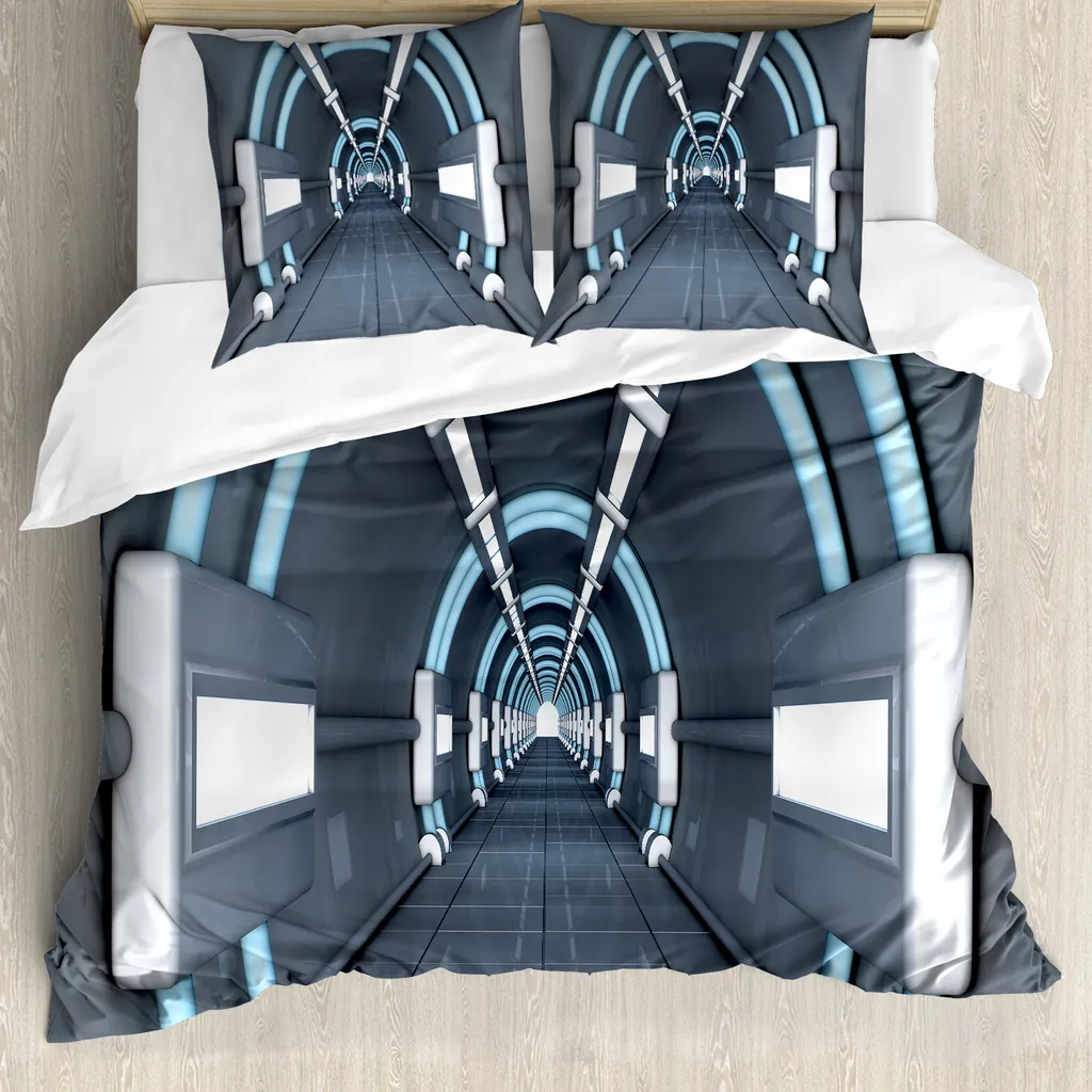 Parure de Lit 2 Personnes Imprimée Espace 200x200 cm Gris Bleu Chic