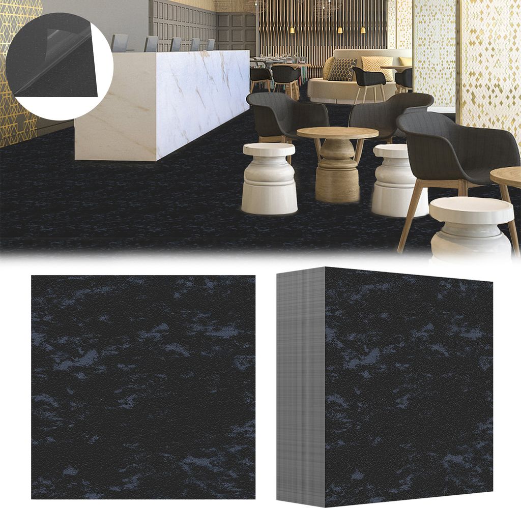A collage of a modern interior with furniture and flooring samples.