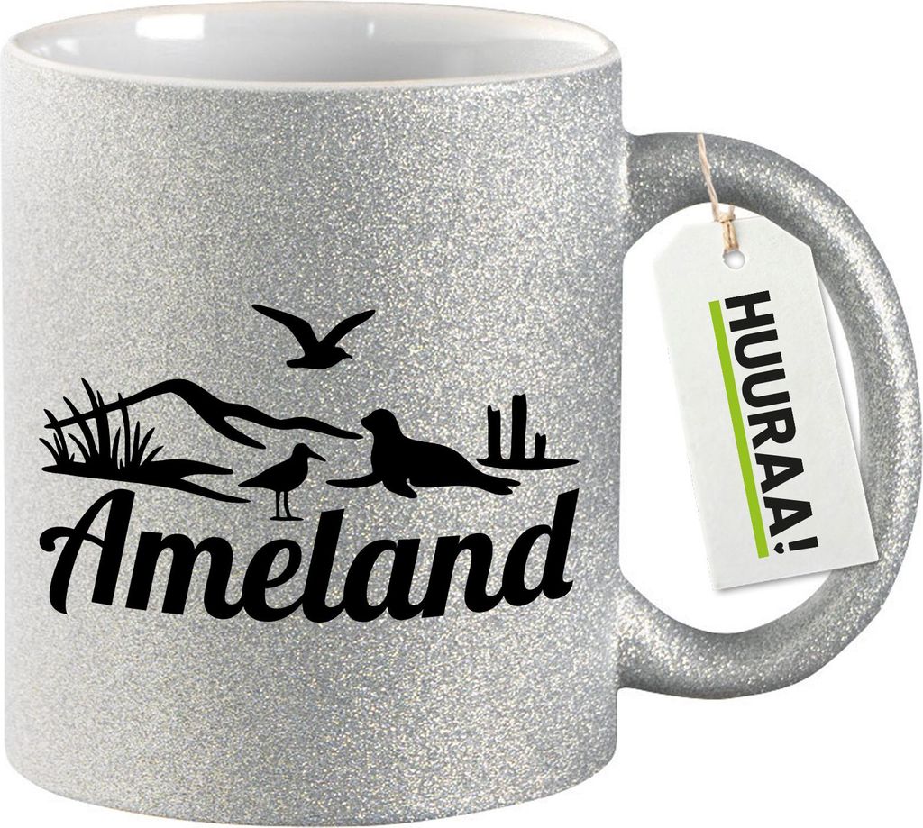 Huuraa Glitzertasse Ameland Niederlande 330ml Silber Keramik Kaffeebecher Geschenkidee