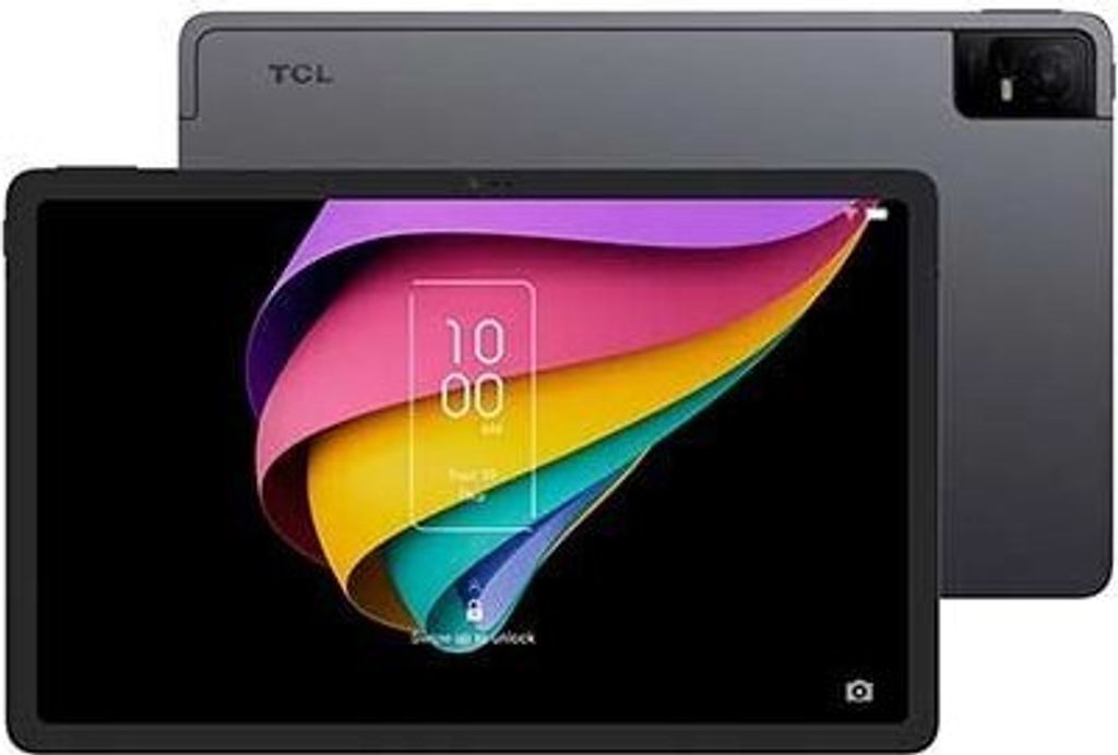 A TCL tablet is shown from the front and back.