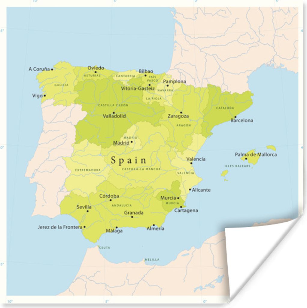 MuchoWow Poster Illustration einer Landkarte mit Spanien in grün 30x30 cm - Wandposter - Printing