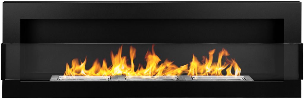 A modern black ethanol fireplace with visible flames behind a glass panel.