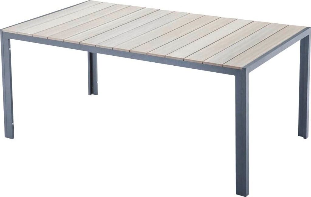 A rectangular outdoor dining table with a slatted wood top and a gray metal frame, shown against a white background.
