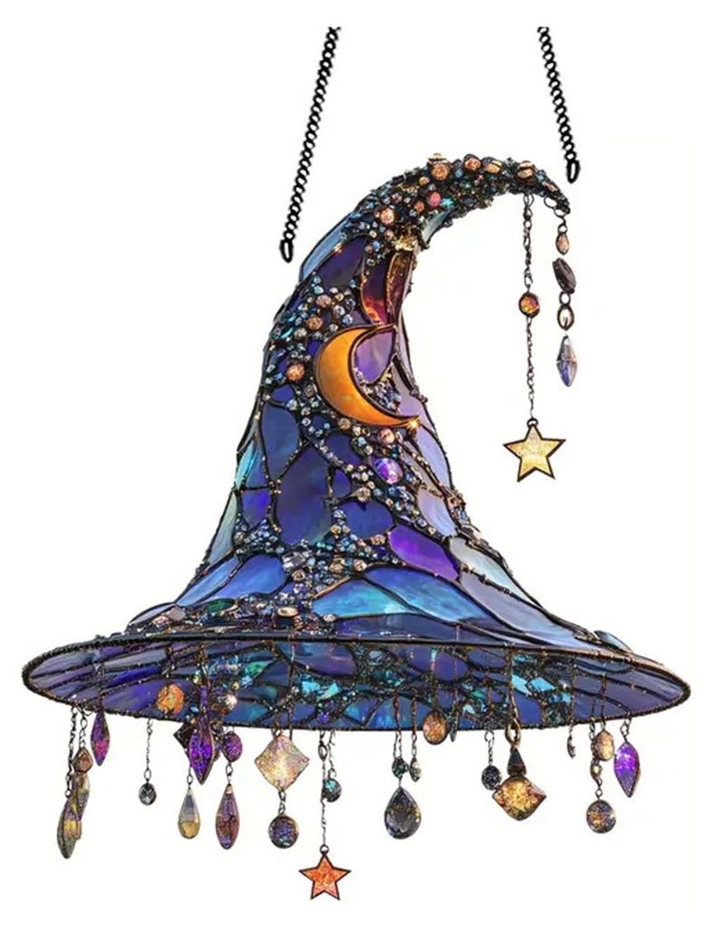 Bunte Halloween-Fledermaus-Hängedekoration aus Buntglas, 2D-Flachacryl, Hexenhut-Sonnenfänger, für drinnen und draußen, Wand- oder Fensterdekor...