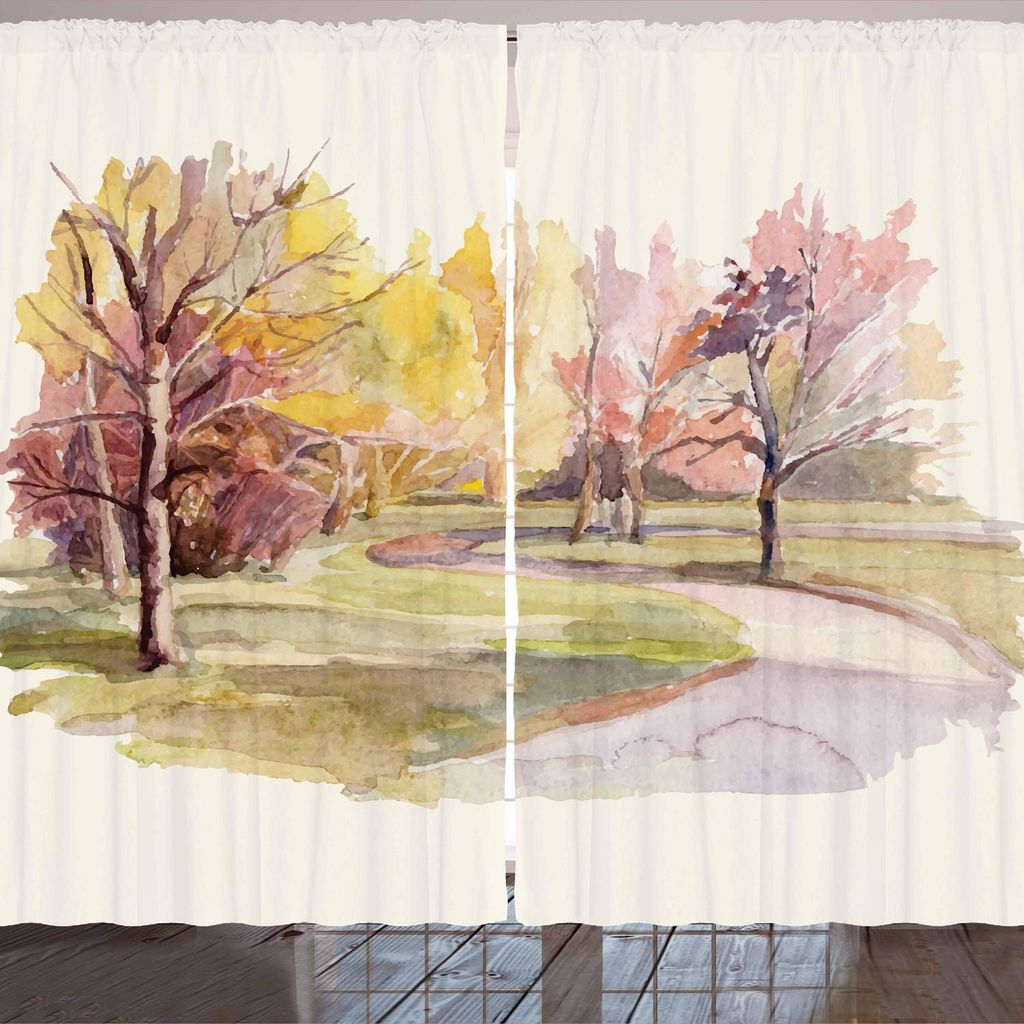 ARANDE Fallen Gardine, Aquarell-Art-Herbst-Landschaft mit einer Straße unter den ländlichen Umwelt Eco der Bäume, 280 x 175 cm, Mehrfarbig