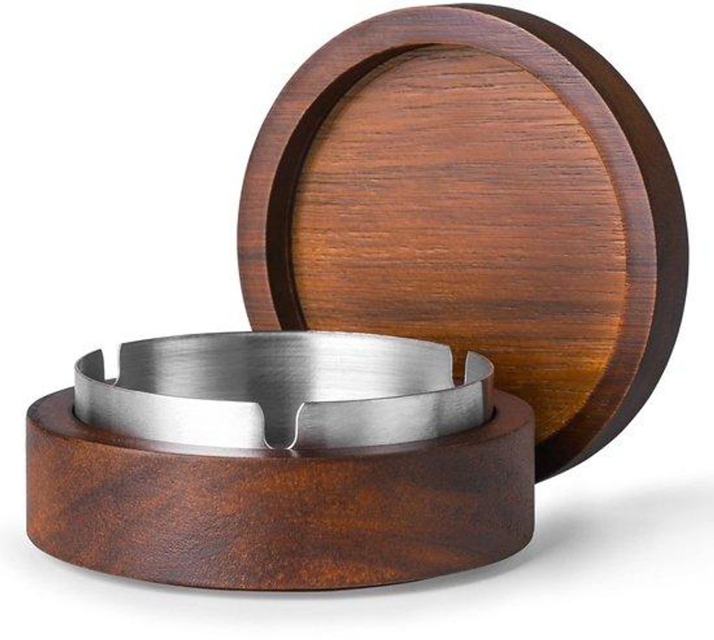 Zwei Holz-Aschenbecher mit Deckel, stahlerner Innenbehälter, grauer Behälter, winddicht und langlebig, leicht zu reinigend. Geeignet für Innen- ...