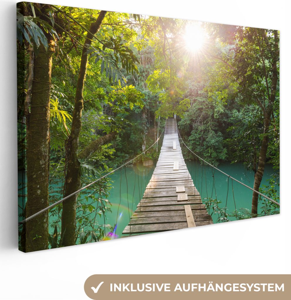 MuchoWow - Leinwandbilder - Dschungel - Wasser - Brücke - Natur - Pflanzen, Wandbild, Wanddeko Bilder Wohnzimmer, 90x60 cm