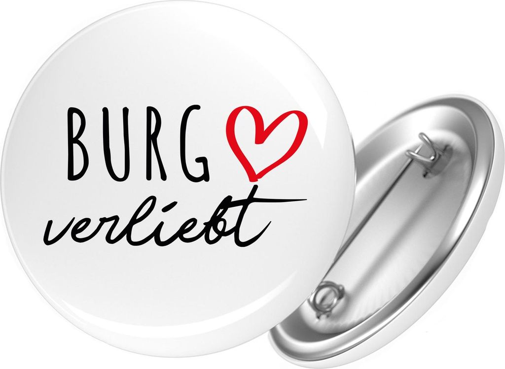 Huuraa Button Burg verliebt 25mm rund mit Sicherheitsnadel Ansteckbutton Geschenkidee