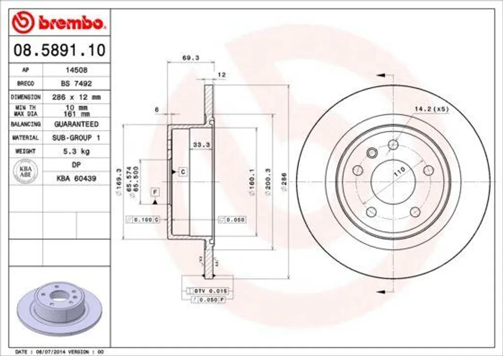 Disque de frein Brembo 08.5891.10 Haute Performance OE 569121 pour Omega